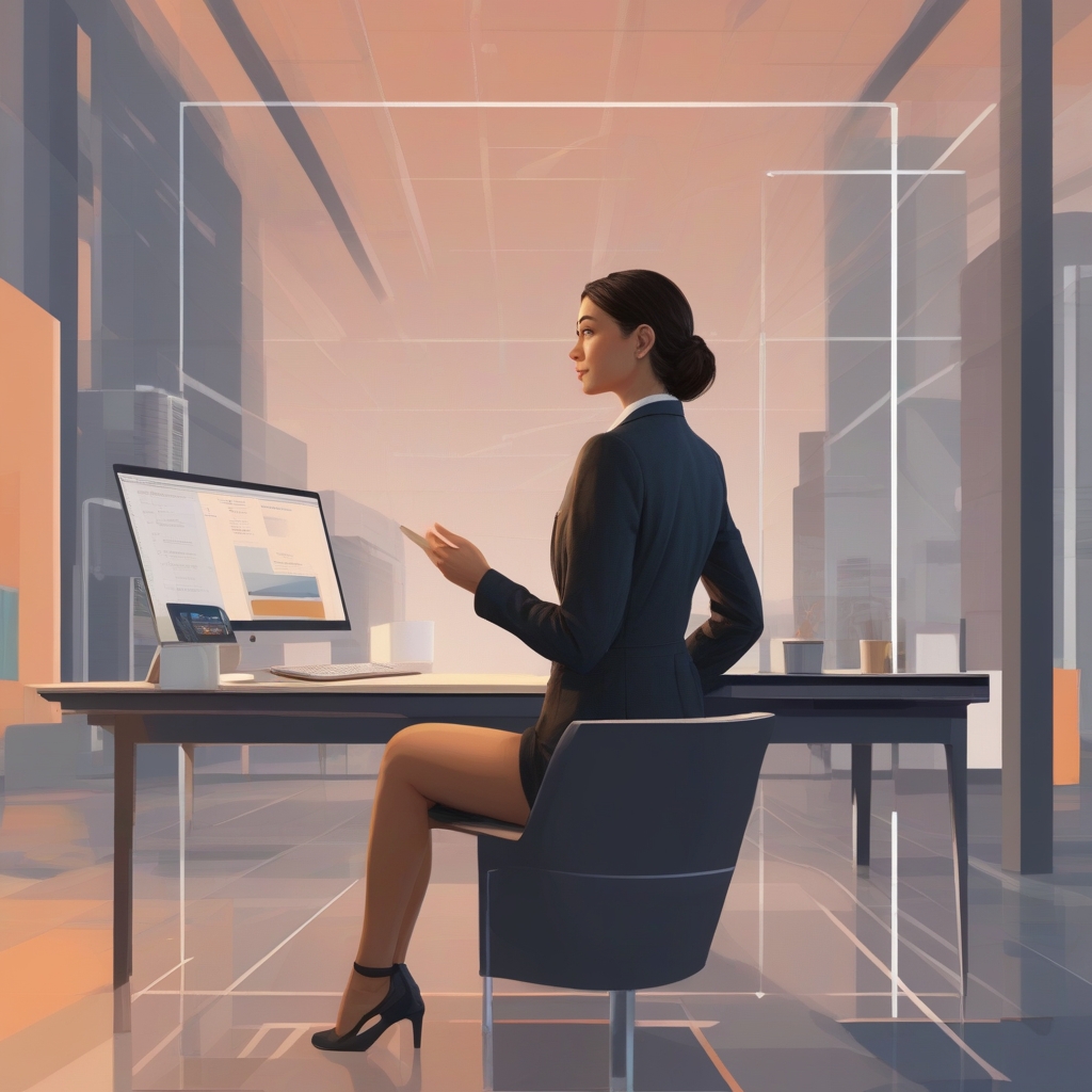 "Professional businesswoman in a modern office setting holding a tablet, dressed in formal attire and smiling confidently."
