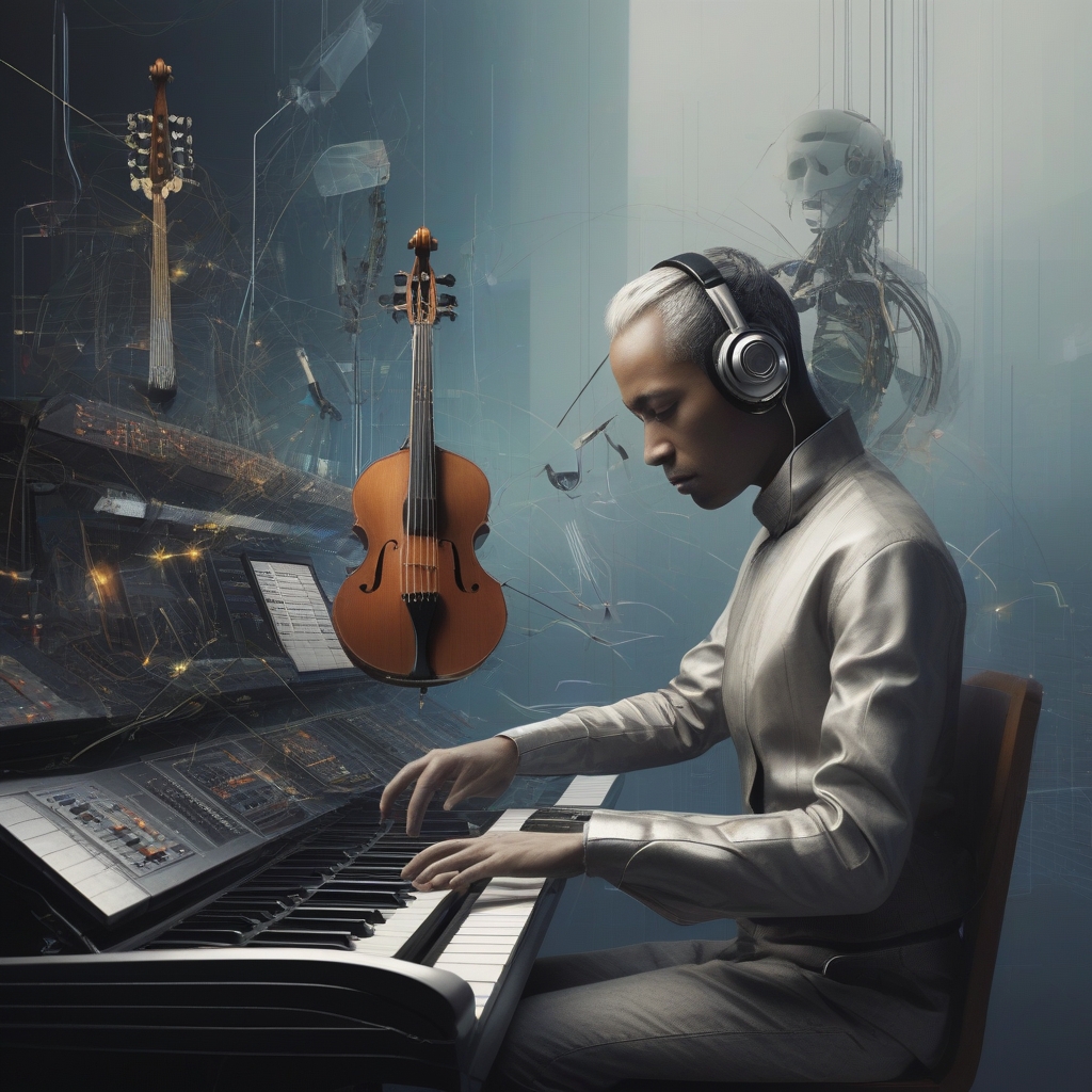 Futuristic music concert with advanced technology and vibrant holographic visuals.