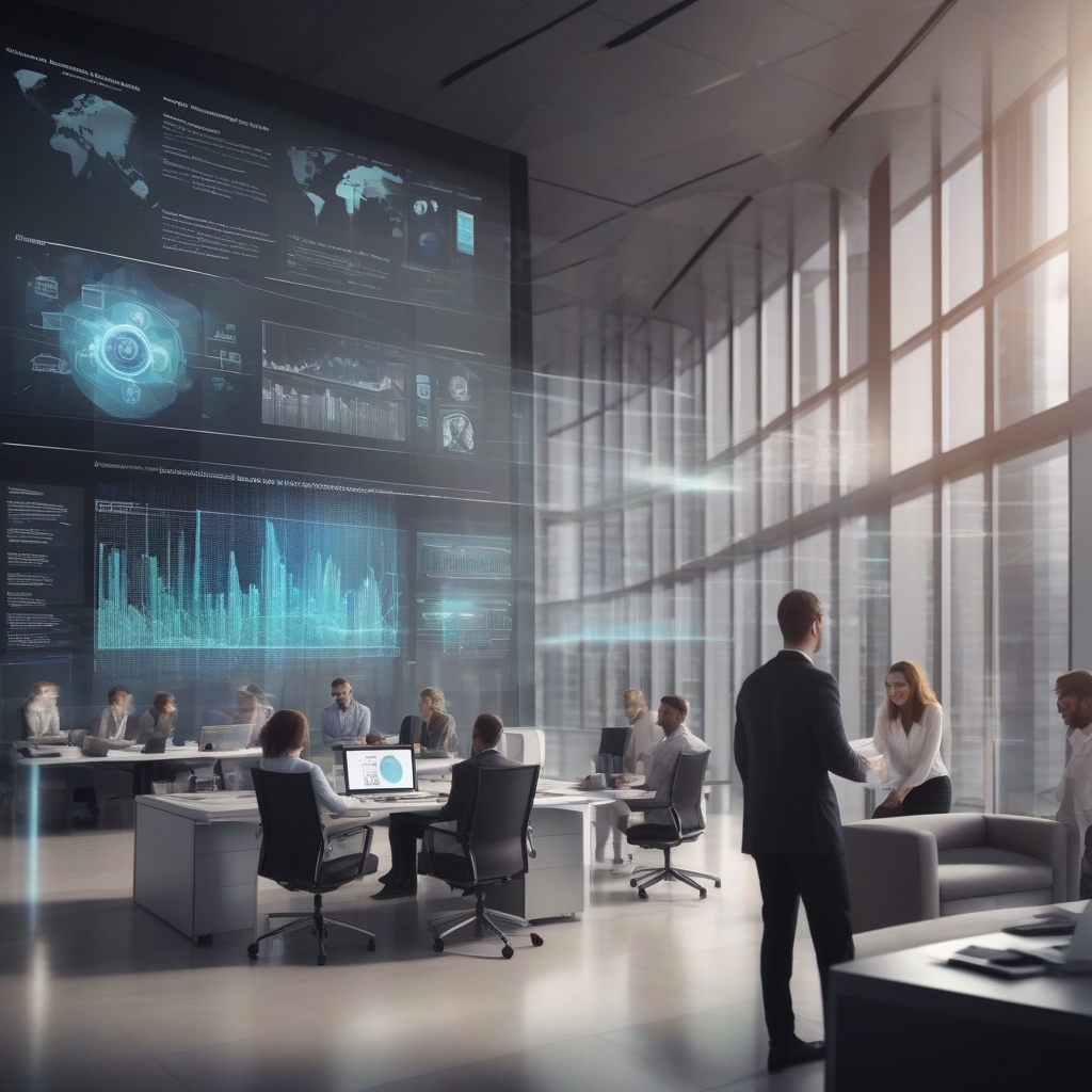 "Modern corporate office space with sleek furniture and large windows"