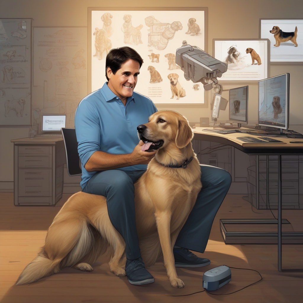 Mark Cuban sitting at a desk with a thoughtful expression, surrounded by business documents and a computer.
