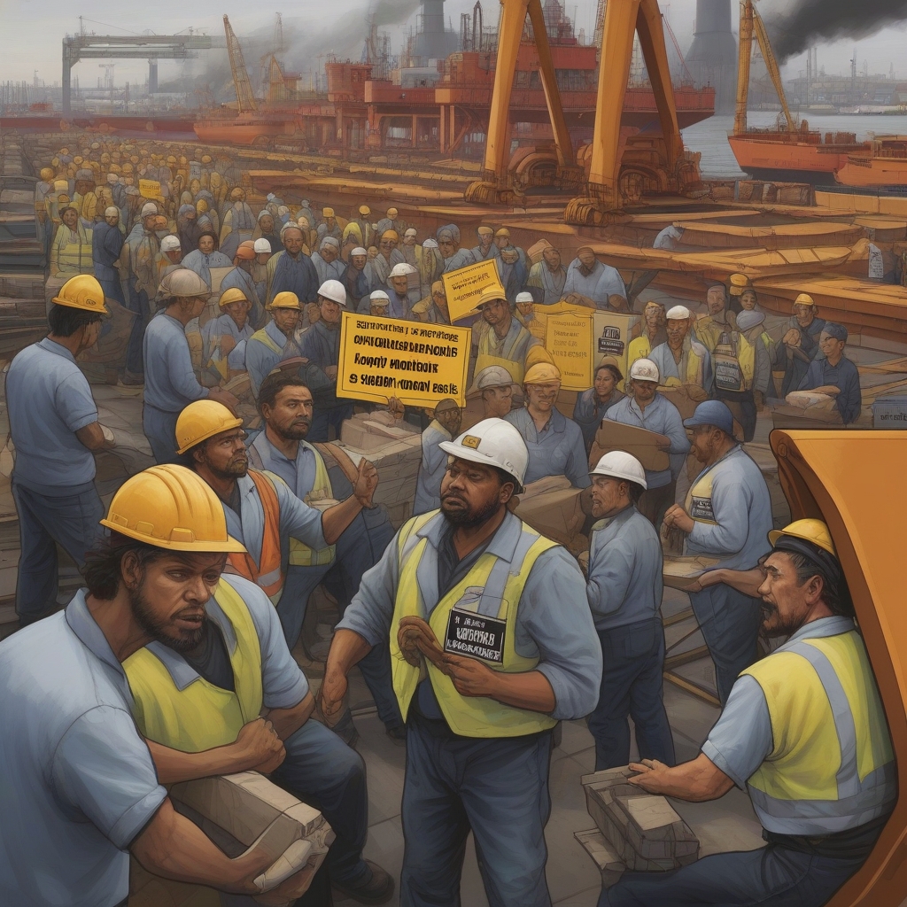 Bustling port with ships and cargo, vibrant marketplace, blue skies, busy harbor workers.