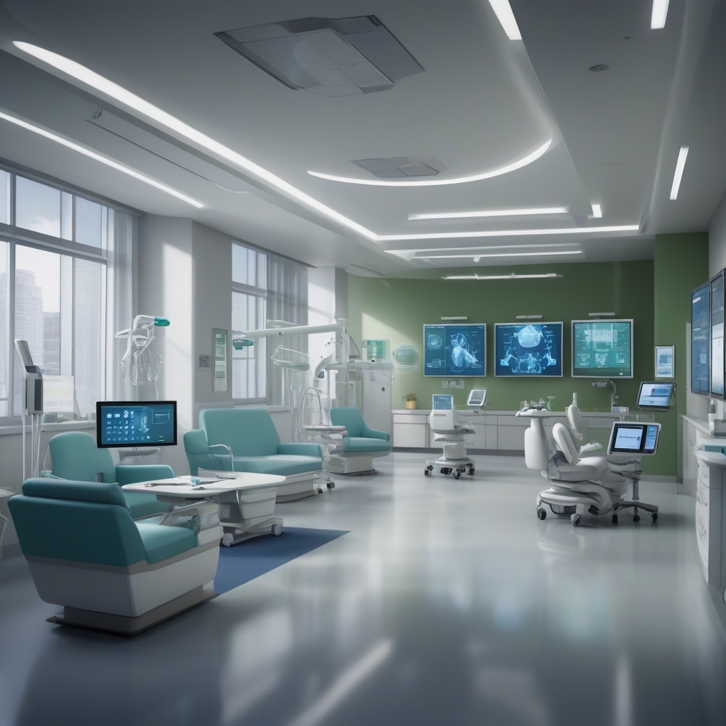A modern hospital setting with healthcare professionals and patients, illustrating advanced medical equipment and technology.