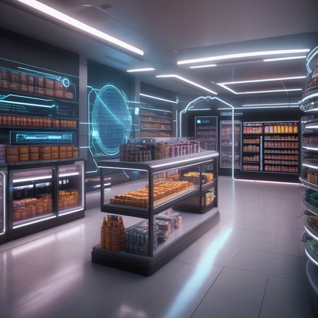 "Futuristic supermarket interior with advanced technology and modern design elements"