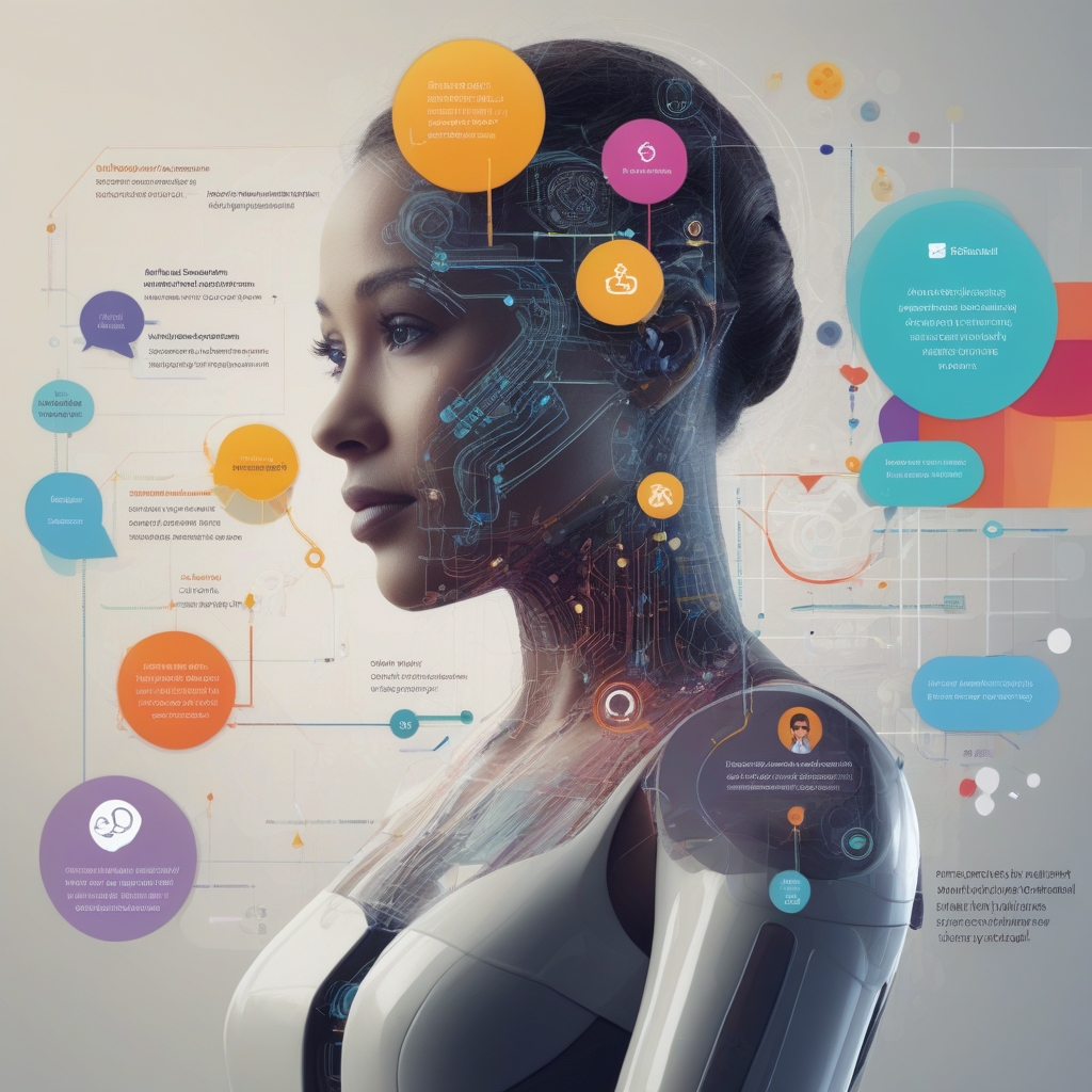Futuristic humanoid robot engaging in advanced conversation with a diverse group of professionals in a high-tech, modern office setting.